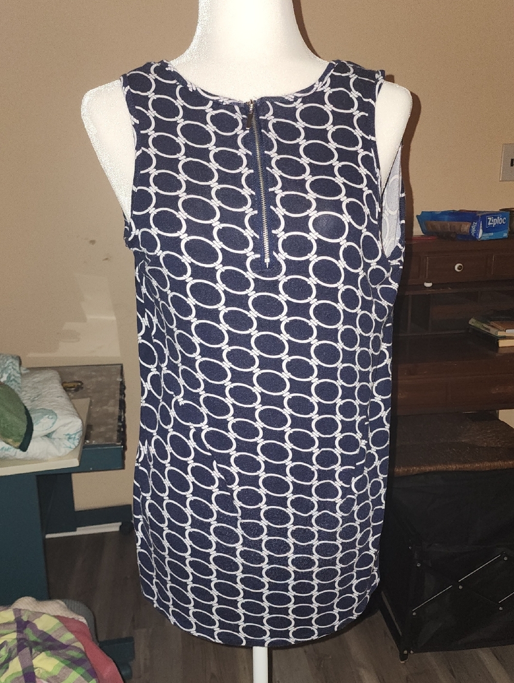 Sleeveless Navy Circle-Print Swim Coverup with Front Zip
